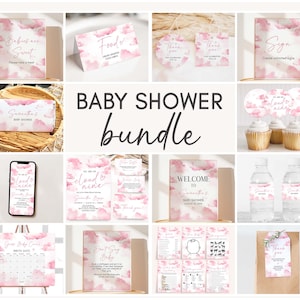 Editable On Cloud 9 Baby Shower Bundle, Blush Pink We&#39;re On Cloud Nine Baby Shower Pack, Baby Girl Cloud Shower Mega Bundle Template, 01103