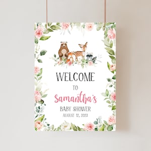 Editable Floral Woodland Baby Shower Welcome Sign, Woodland Animals Baby Shower Welcome Poster, Girl Woodland Forest Animals Template 0398