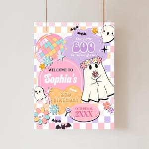 Editable Little Boo Halloween Birthday Welcome Sign, Hippie Halloween Birthday Sign, Groovy Ghost Party Poster, Girl 2nd Birthday Sign, 96BD image 1
