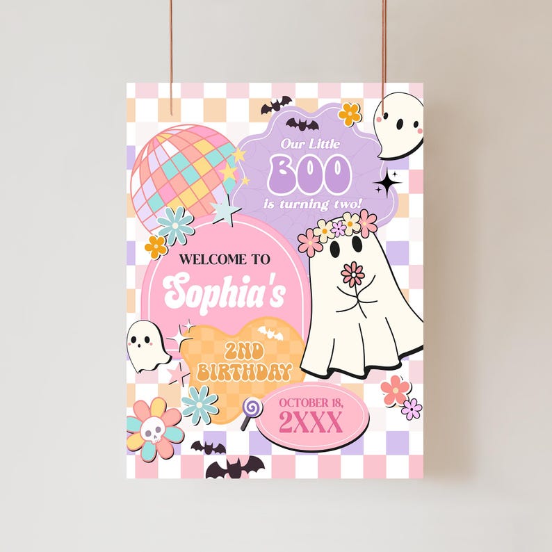 Editable Little Boo Halloween Birthday Welcome Sign, Hippie Halloween Birthday Sign, Groovy Ghost Party Poster, Girl 2nd Birthday Sign, 96BD image 1