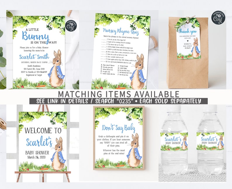 May include: A set of printable baby shower party decorations featuring a watercolor illustration of a bunny rabbit wearing a blue jacket. The set includes a welcome sign, a nursery rhyme quiz, a thank you tag, and water bottle labels. The text on the welcome sign reads "Welcome to Scarlet's Baby Shower March 26, 2023".