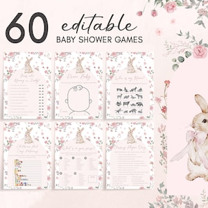 Editable Some Bunny Baby Shower Games Bundle, Pink Floral Spring Baby Shower Game Pack, Spring Flower Girl Rabbit Baby Shower Games, 01025