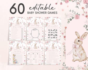 Edytowalny pakiet gier na baby shower z królikiem, różowy kwiatowy wiosenny pakiet gier na baby shower, wiosenny kwiat dziewczyna królik gry na baby shower, 01025