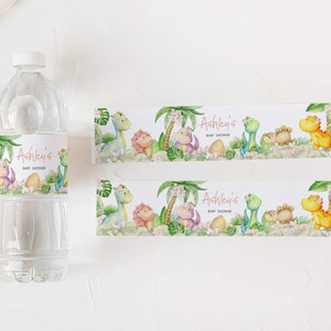 Editable Baby Girl Dinosaur Baby Shower Bottle Label, Floral Dino Baby Shower Water Labels, Greenery Dinosaur Girl Bottle Stickers, 0688 image 3