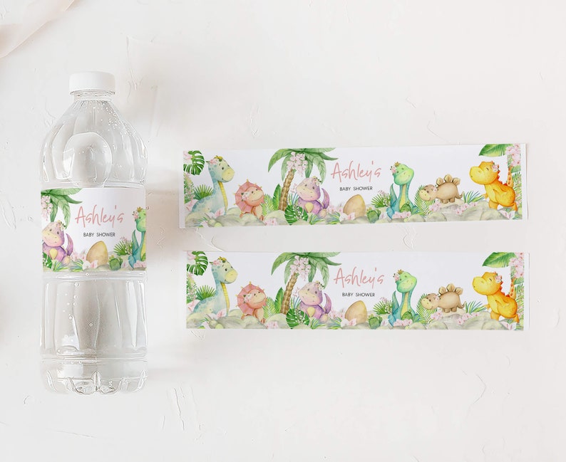 Editable Baby Girl Dinosaur Baby Shower Bottle Label, Floral Dino Baby Shower Water Labels, Greenery Dinosaur Girl Bottle Stickers, 0688 image 3
