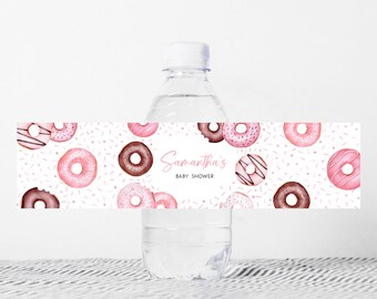 Editable Pink Donuts and Diapers Baby Shower Bottle Label, Girl Baby Sprinkle Baby Shower Water Label, Sweet Girl Water Bottle Sticker, 0711
