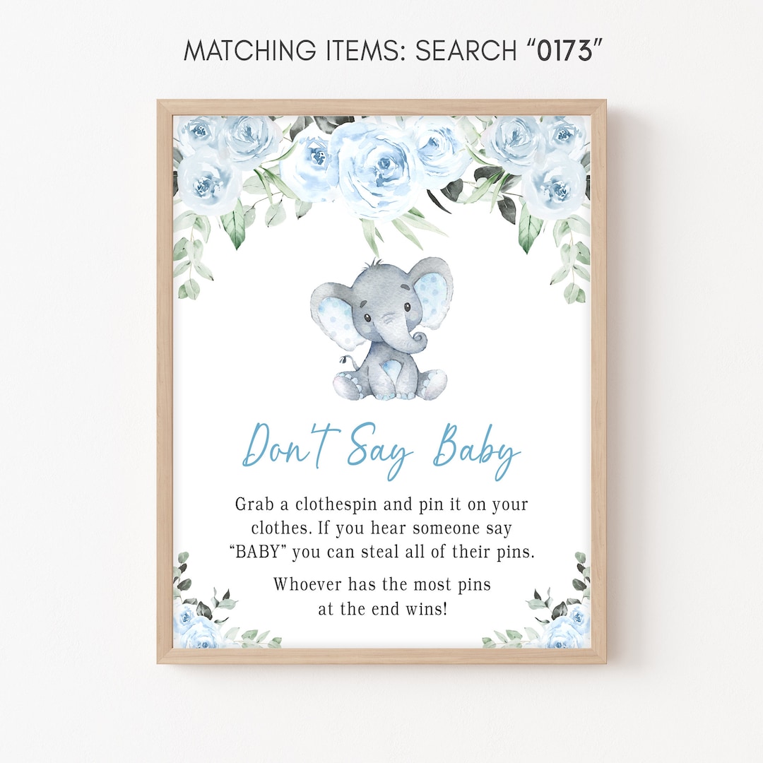 Don't Say Baby Blue Elephant Baby Shower Sign, Floral Elephant Baby ...