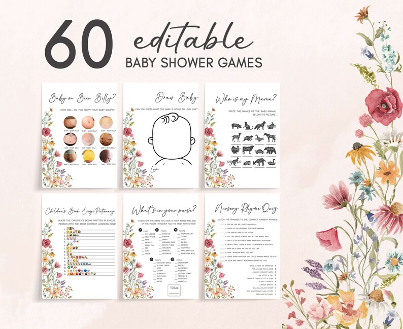 Editable Baby in Bloom Baby Shower Games Bundle, Boho Wildflower Baby Shower Game Pack, Spring Floral Baby Shower Games Set Template, 0627 image 1