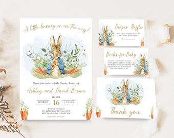 Bewerkbare Peter Rabbit babyshower uitnodigingsbundel, blauwe Peter Rabbit babyshower uitnodigingsset, rustieke jongen Peter Rabbit babyshower, 0625