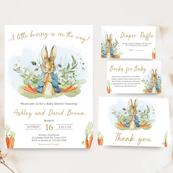 Editable Peter Rabbit Baby Shower Invitation Bundle, Blue Peter Rabbit Baby Shower Invite Set, Rustic Boy Peter Rabbit Baby Shower, 0625