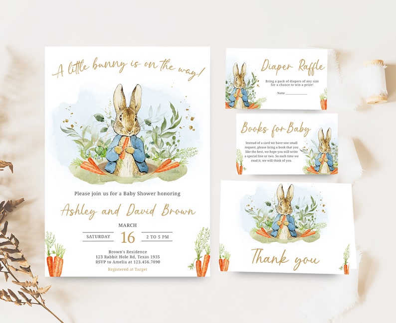 Paquete editable de invitación de baby shower de Peter Rabbit, conjunto de invitación de baby shower de Peter Rabbit azul, baby shower rústico de Peter Rabbit, 0625 imagen 1