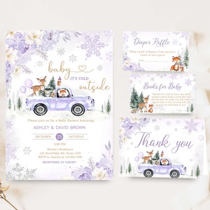 Editable Purple Winter Woodland Baby Shower Invitation Bundle, Girl Woodland Winter Baby Shower Invite Set, Girl Baby It's Cold Outside 0534 image 1