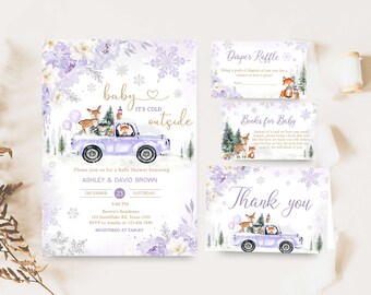 Könnte beinhalten: Ein Babyparty-Einladungsset mit einem hellvioletten Lastwagen, der Waldtiere, Schneeflocken und Blumenmotive trägt. Der Text lautet baby IT'S COLD outside, ASHLEY & DAVID BROWN, DECEMBER 23, Diaper Raffle, Books for Baby und Thank you.