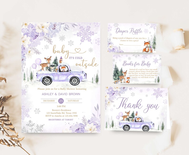 Editable Purple Winter Woodland Baby Shower Invitation Bundle, Girl Woodland Winter Baby Shower Invite Set, Girl Baby It's Cold Outside 0534 image 1