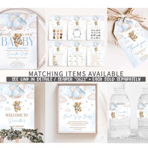 May include: Blue and beige baby shower invitation with a teddy bear holding balloons. The invitation says "We can barely wait BABY" and "Gavin is on the way!"  The invitation also includes the text "Samantha Smith" and the date and time of the baby shower.