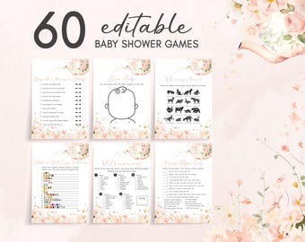 Puede incluir: 60 juegos de baby shower imprimibles con un diseño floral. Los juegos incluyen "Adivina quién está lanzando al bebé", "Dibuja un bebé", "¿Quién es mi mamá?", "Extravaganza de Emoji de Comida para Bebés", "¿Qué hay en tu bolso?", y "Día de la Cinta de Mamá".