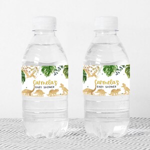 Editable Dinosaur Baby Shower Water Bottle Labels, Gold Dino Baby ...