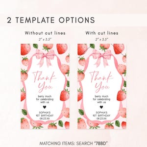 two strawberry themed thank you cards with a pink bow