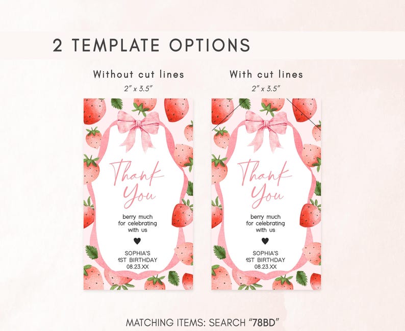 two strawberry themed thank you cards with a pink bow