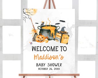 Editable A Baby is Brewing Halloween Baby Shower Welcome Sign, Spooky Witch Baby Shower Poster, Gender Neutral Halloween Shower Sign, 01148