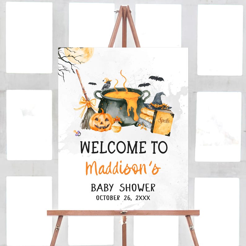 The image is a Halloween-themed welcome sign for a baby shower.