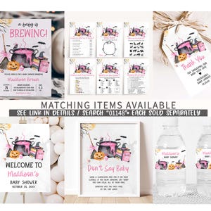 The image is a collage of various Halloween-themed items, including a baby shower invitation, a thank you card, and a set of matching items available for purchase.
