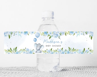 Editable Elephant Baby Shower Bottle Label, Blue Balloon Baby Shower Water Labels, Baby Boy Elephant Decor Safari Printable Template 0231
