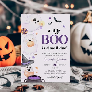 Editable Purple A Little Boo Baby Shower Invitation, Girl Halloween Baby Shower Invite, Spooky Ghost Baby Shower Invitation Template, 0904