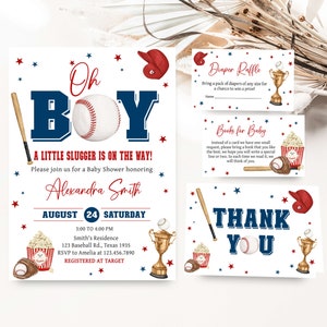 Editable Oh Boy Baseball Baby Shower Invitation Bundle, A Little Slugger Is On The Way Baby Shower Invite Set, Sports Boy Baby Shower, 0766