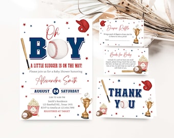 Pode incluir: Um convite para um chá de bebê com tema de beisebol em cores vermelho, branco e azul. O convite apresenta uma bola de beisebol, um taco e um padrão de estrelas. O texto diz "Oh Boy! A Little Slugger is on the Way!" e inclui a data, a hora e o local do chá de bebê.