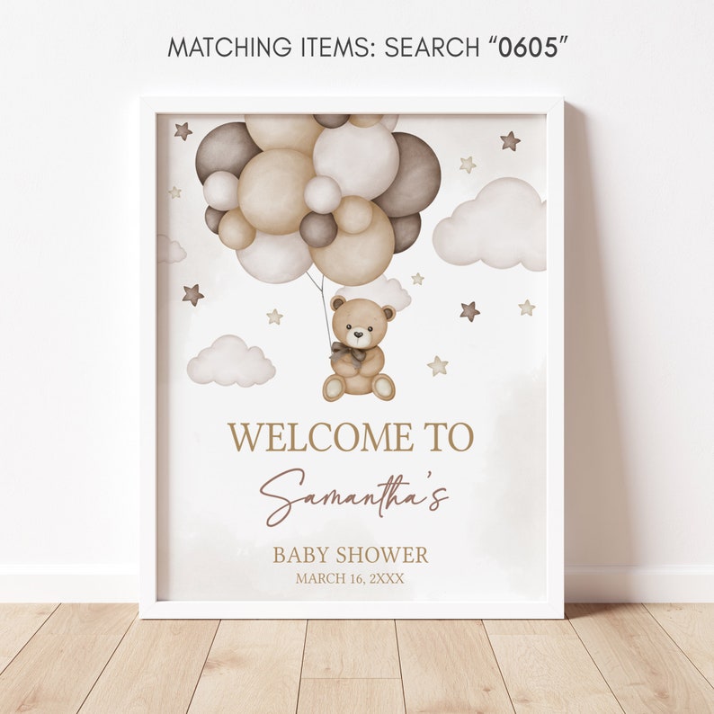Editable Bear Balloon Baby Shower Welcome Sign, We Can Bearly Wait Baby Shower Welcome Poster, Gender Neutral Brown Bear Baby Shower, 0605 image 3