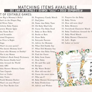 May include: A list of editable baby shower games, including "How Big is Mommy's Belly?" and "Baby Trivia." The image also displays matching items and a children's book emoji dictionary. The design features floral and animal illustrations.