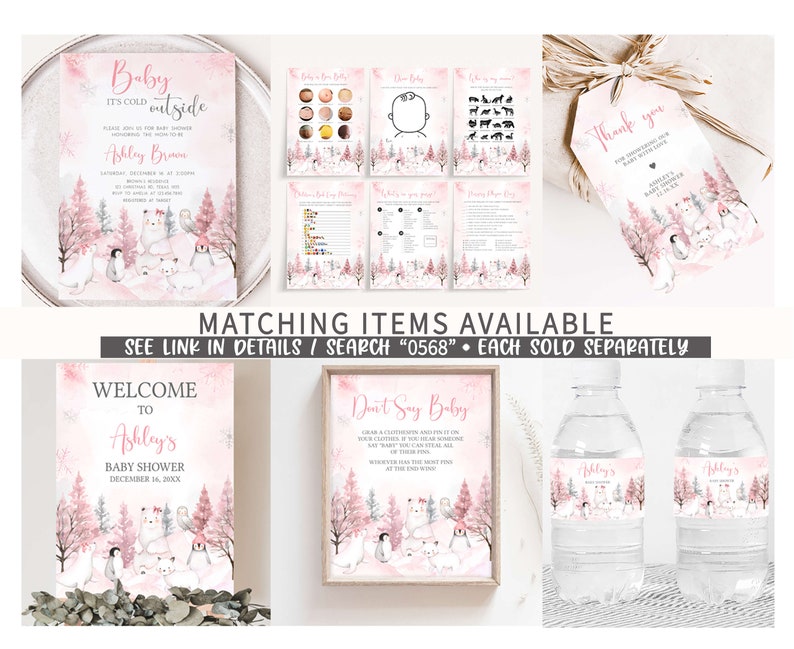 K&ouml;nnte beinhalten: Eine Sammlung von Babyparty-Papeterie mit Winterthema. Enth&auml;lt eine Einladung, Spielkarten, ein Willkommensschild, ein "Don't Say Baby"-Schild, Geschenkanh&auml;nger und Wasserflaschenetiketten. Designs zeigen Eisb&auml;ren, Pinguine und rosa B&auml;ume. Text enth&auml;lt "Baby It's Cold Outside".