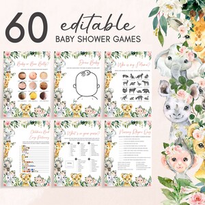 May include: A set of 60 printable baby shower games featuring a jungle animal theme. The games include "Baby or Bear Belly?", "Draw Baby", "Who is my Mama?", "Children's Book Easy Potty Training", "What's in your purse?", and "Mommy Rhino Day".