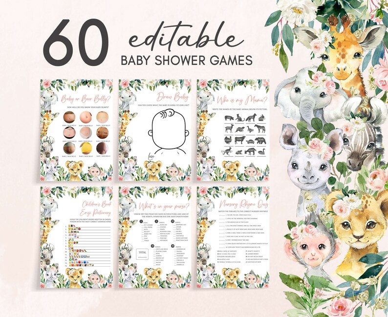 May include: A set of 60 printable baby shower games featuring a jungle animal theme. The games include "Baby or Bear Belly?", "Draw Baby", "Who is my Mama?", "Children's Book Easy Potty Training", "What's in your purse?", and "Mommy Rhino Day".