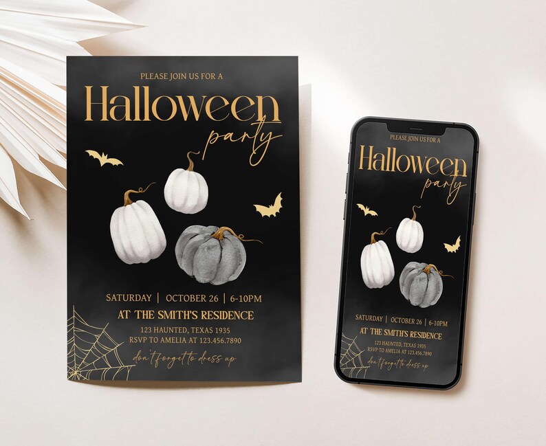 a black and white halloween party ticket next to a phone