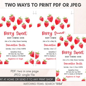 Editable Strawberry Baby Shower Invitation, Berry Sweet Invitation, Printable Strawberries Template, Summer Baby Shower 0134 image 3