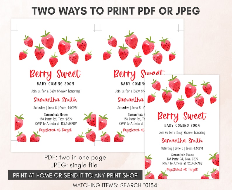 Editable Strawberry Baby Shower Invitation, Berry Sweet Invitation, Printable Strawberries Template, Summer Baby Shower 0134 image 3