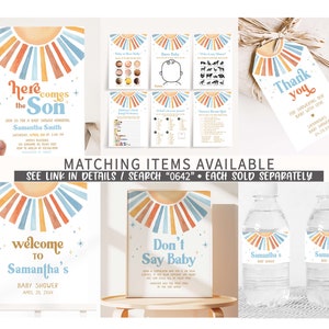 Bearbeitbares Sonnenschein-Babyparty-Willkommensschild, hier kommt der Sohn-Babyparty-Willkommensplakat, blauer Junge Boho Sunshine-Babypartyschild, 0642 Bild 2