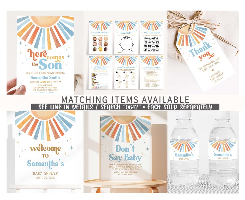 Bearbeitbares Sonnenschein-Babyparty-Willkommensschild, hier kommt der Sohn-Babyparty-Willkommensplakat, blauer Junge Boho Sunshine-Babypartyschild, 0642 Bild 2