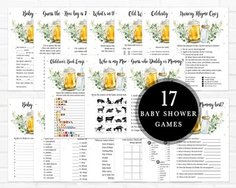 May include: A set of 17 printable baby shower games featuring a beer theme. The games include "Guess the Book Emoji", "Who is my Mum", "Guess who Daddy or Mummy", "Mommy Best", "Nursery Rhyme Quiz", "What's in the Bottle", "How Big is the Baby", "Old Wives Tales", "Celebrity Baby", and "Guess the Baby Food".