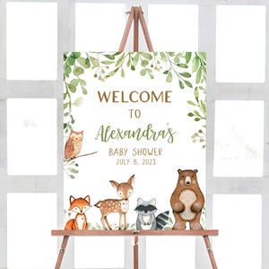 Bearbeitbares Wald-Babyparty-Willkommensschild, Waldtier-Babyparty-Willkommensschild, geschlechtsneutrale Wald-Babyparty, 0395