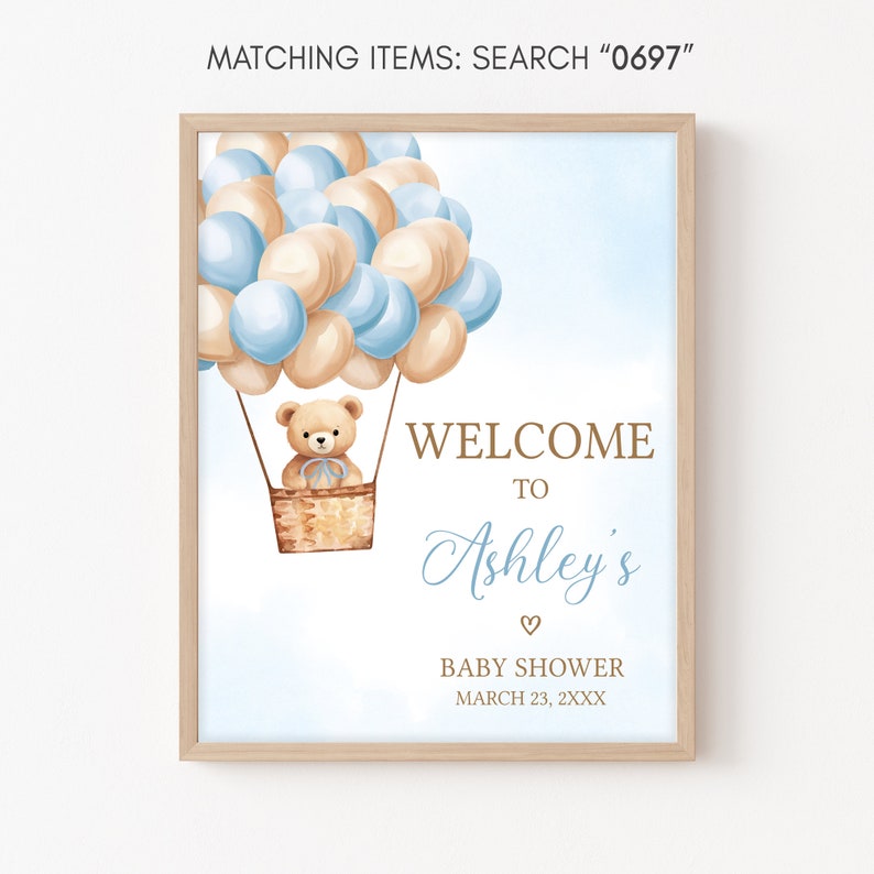 Editable Boy Bear Hot Air Balloon Baby Shower Welcome Sign, Blue We Can Bearly Wait Baby Shower Welcome Poster, Boho Bear Baby Shower, 0697 image 3