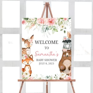 Signo de bienvenida editable de Baby Shower de Woodland floral, cartel de bienvenida de Girl Woodland Baby Shower, plantilla de signo de animales de bosque floral rosa 0397