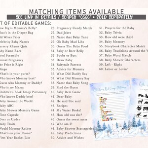 May include: A collection of baby shower games and activities, including a Children's Book Emoji Pictionary and a "Who is my mama?" game. The games feature a winter theme with polar bears and trees.