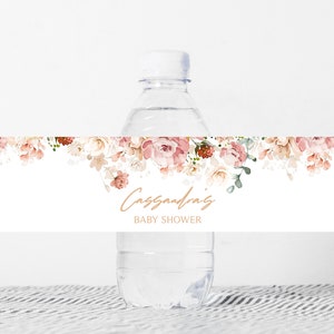 Editable Baby in Bloom Baby Shower Bottle Labels, Pink Floral Baby Shower Water Labels, Wildflower Baby Shower Bottle Sticker Template 0389