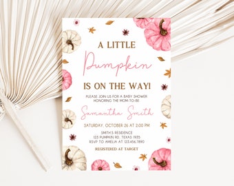 May include: A baby shower invitation with a fall theme. The invitation features watercolor pumpkins in pink and white, along with fall leaves. The text reads "A Little Pumpkin is on the Way!" and includes event details and the name Samantha Smith.