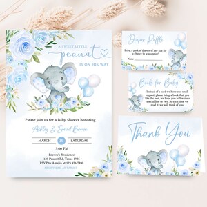 Paquete de invitación editable de baby shower de elefante azul, conjunto de invitación de baby shower con globo de elefante niño, invitación de baby shower de niño con globo azul, 0617 imagen 1