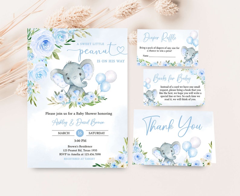 Paquete de invitación editable de baby shower de elefante azul, conjunto de invitación de baby shower con globo de elefante niño, invitación de baby shower de niño con globo azul, 0617 imagen 1