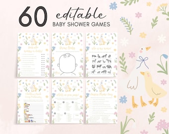 Editable Silly Goose Baby Shower Games Bundle, Whimsical Silly Goose Baby Shower Game Pack, Pastel Floral Mother Goose Shower Games, 01070